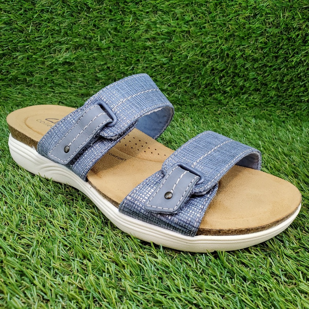 Clarks April Dusk SIZE 8 Women's Adjustable Comfort Slide Sandals Blue